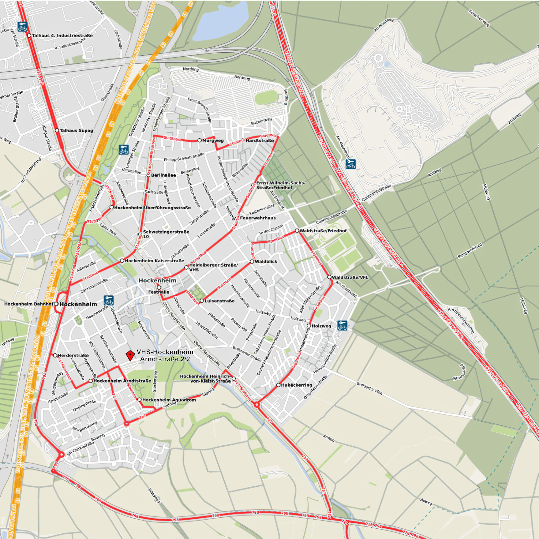 Karte des Stadtgebiets von Hockenheim mit ÖPNV Linien